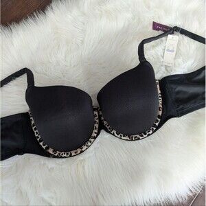 NWT Cacique Smooth Demi Boost Black Leopard Trim Tshirt Bra 44C